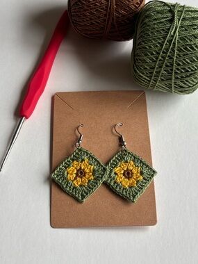 Hand Crafted Green and Yellow Crochet Sunflower Earrings